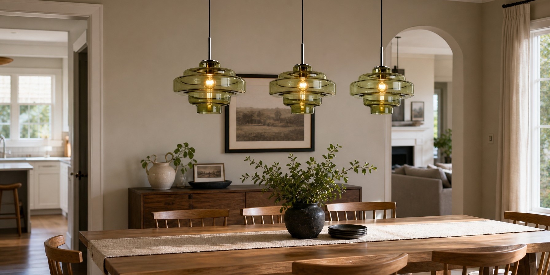 Koloro pendant lights above a dining table