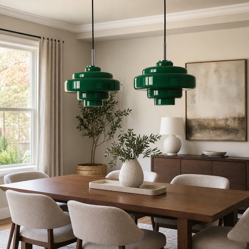 Green glass pendant lights over dining table