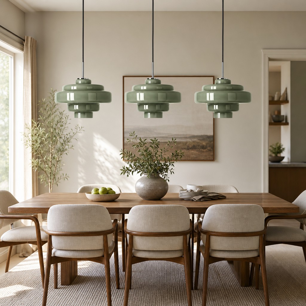 Green Koloro pendant lights in a dining room