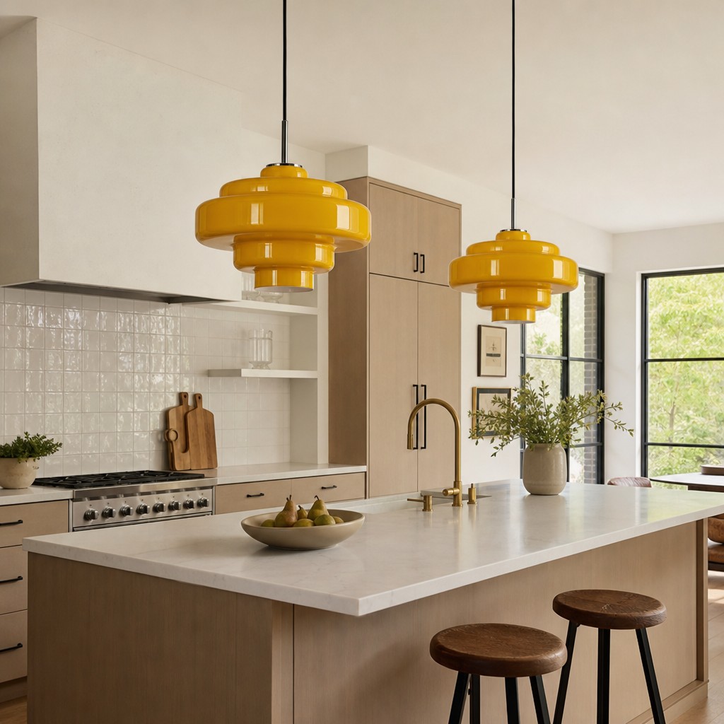 Yellow Koloro pendant lights over kitchen island