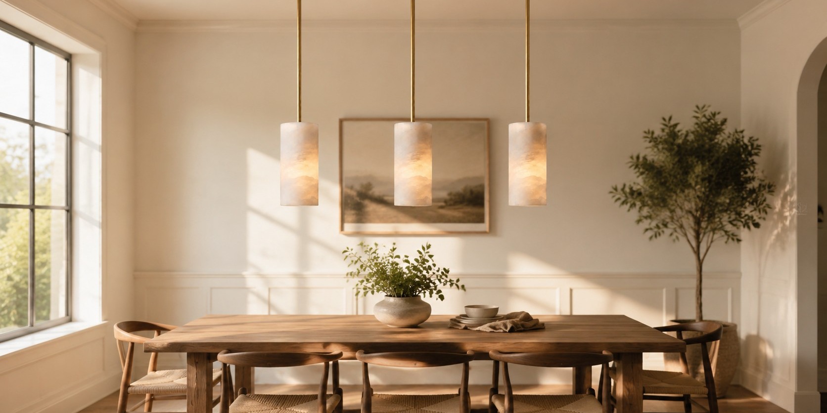 Alabaster cylinder pendant light over a kitchen island