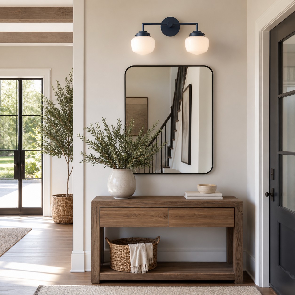 Opalume two-head wall sconce in an entry vanity setting