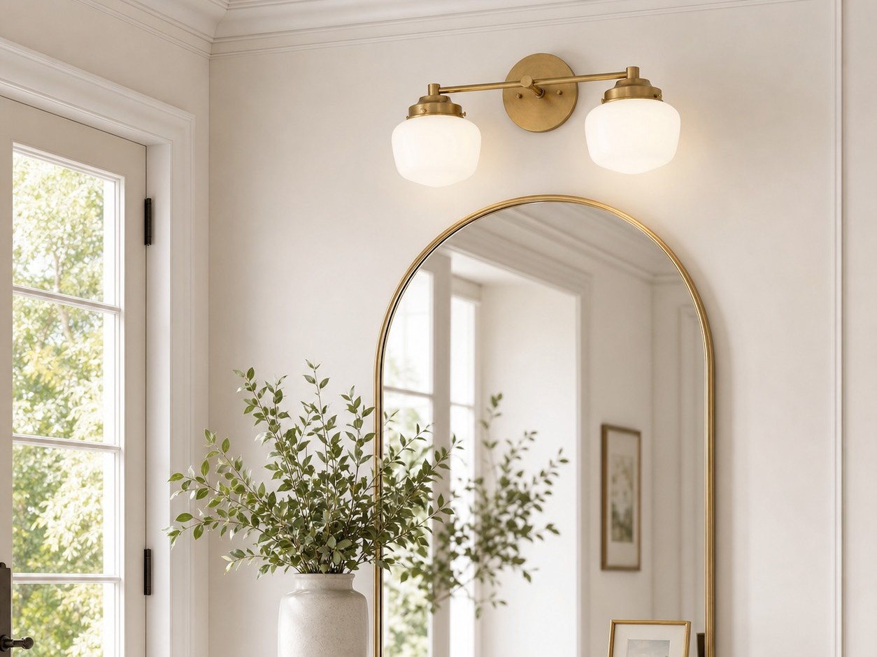 Opalume wall sconce installed above brass mirror