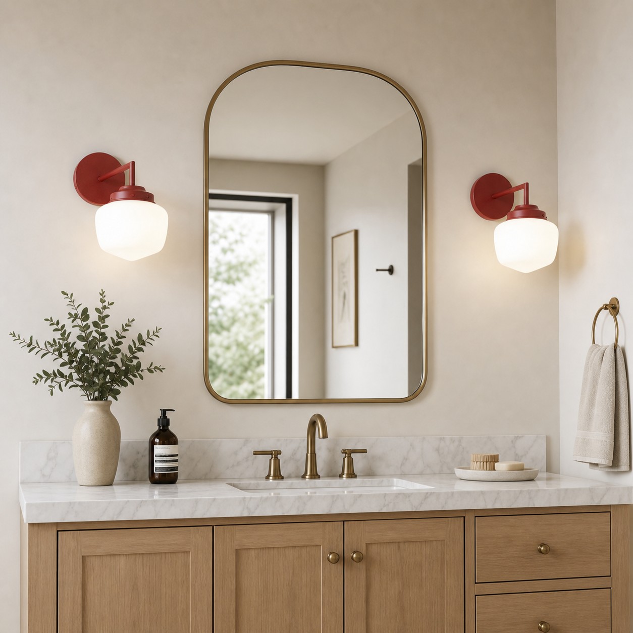 Opalume red wall sconces beside a bathroom mirror