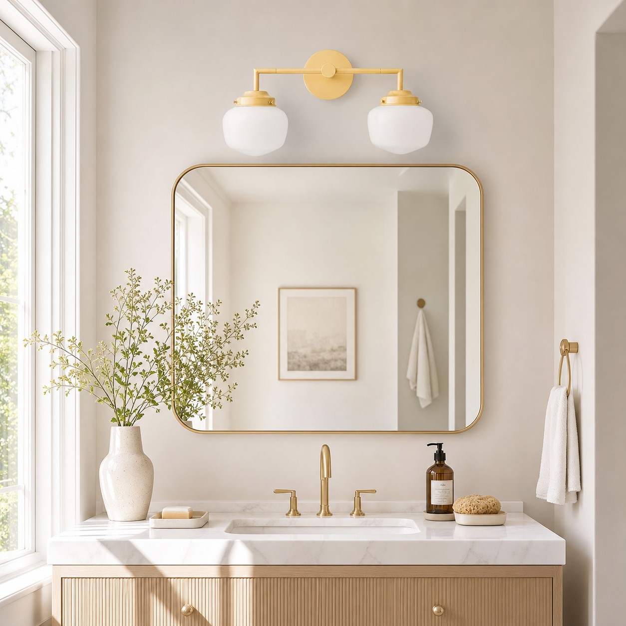 Opalume wall sconce in a bright vanity setting