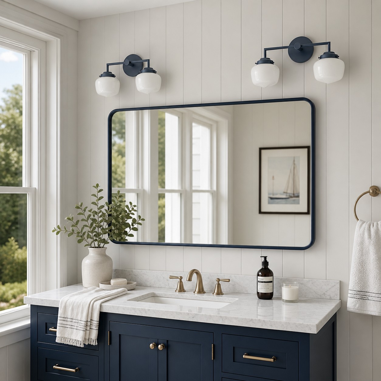 Opalume wall sconce over a bathroom vanity