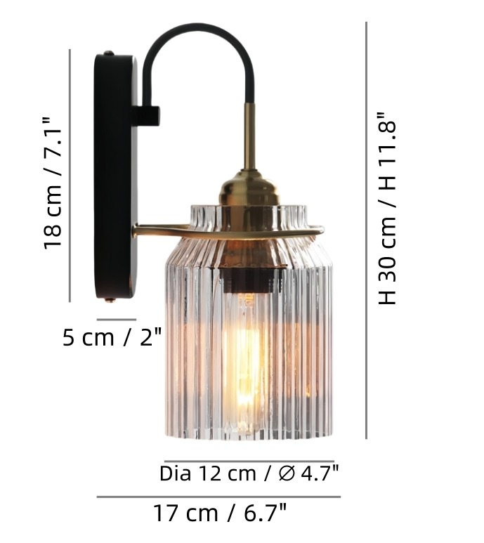 Wall lamp dimension diagram showing overall height, diameter and wall mounting measurements