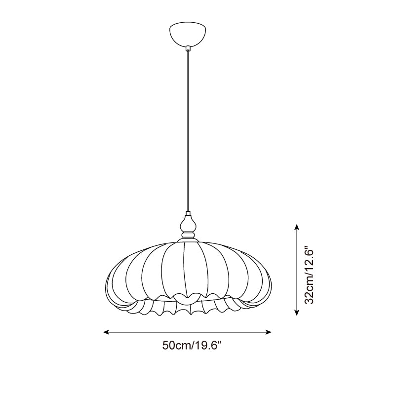 Dimension diagram for the pleated fabric pendant light showing diameter and height