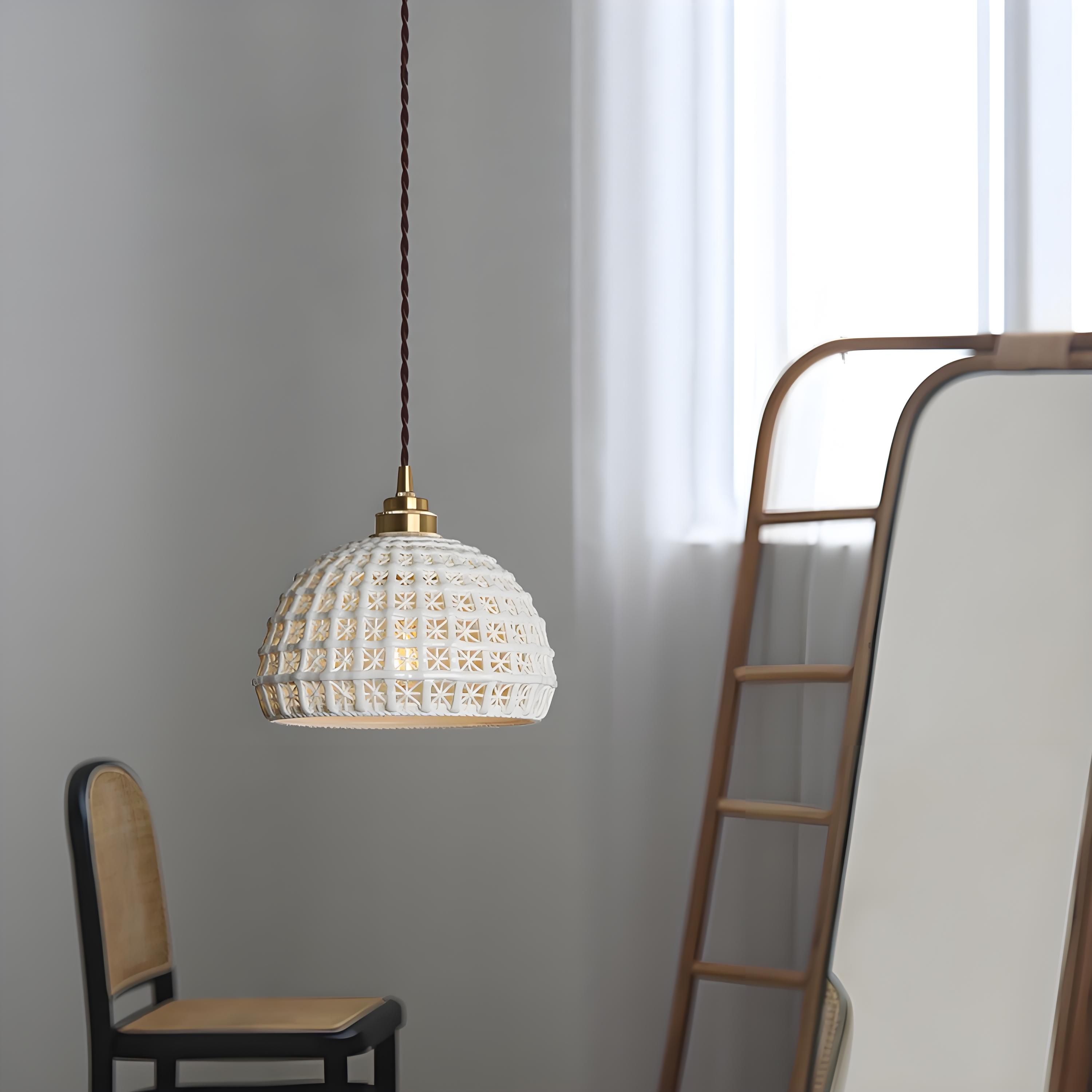 Glass pendant light in a minimalist room scene