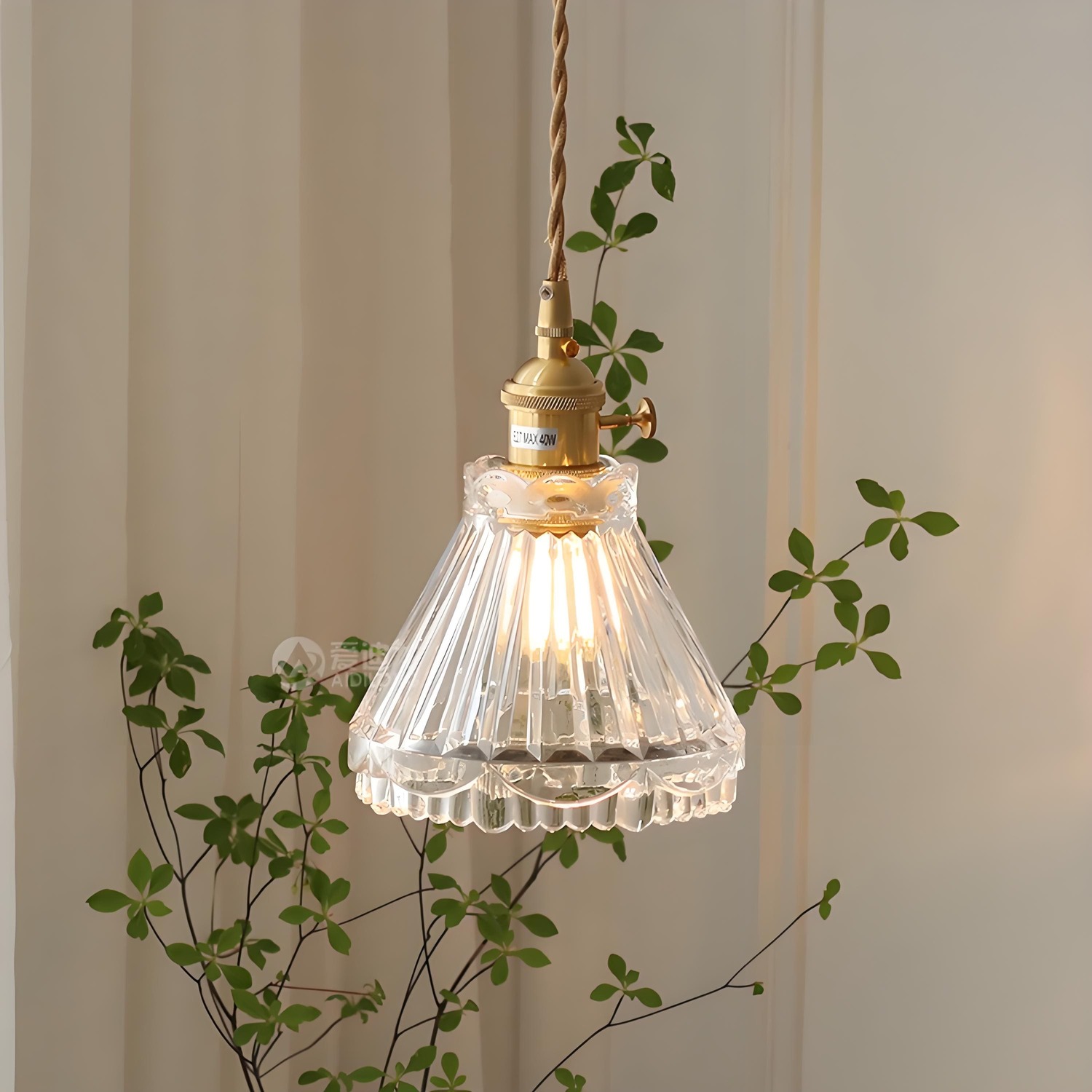 Pendant light hanging in a decorative interior with plants