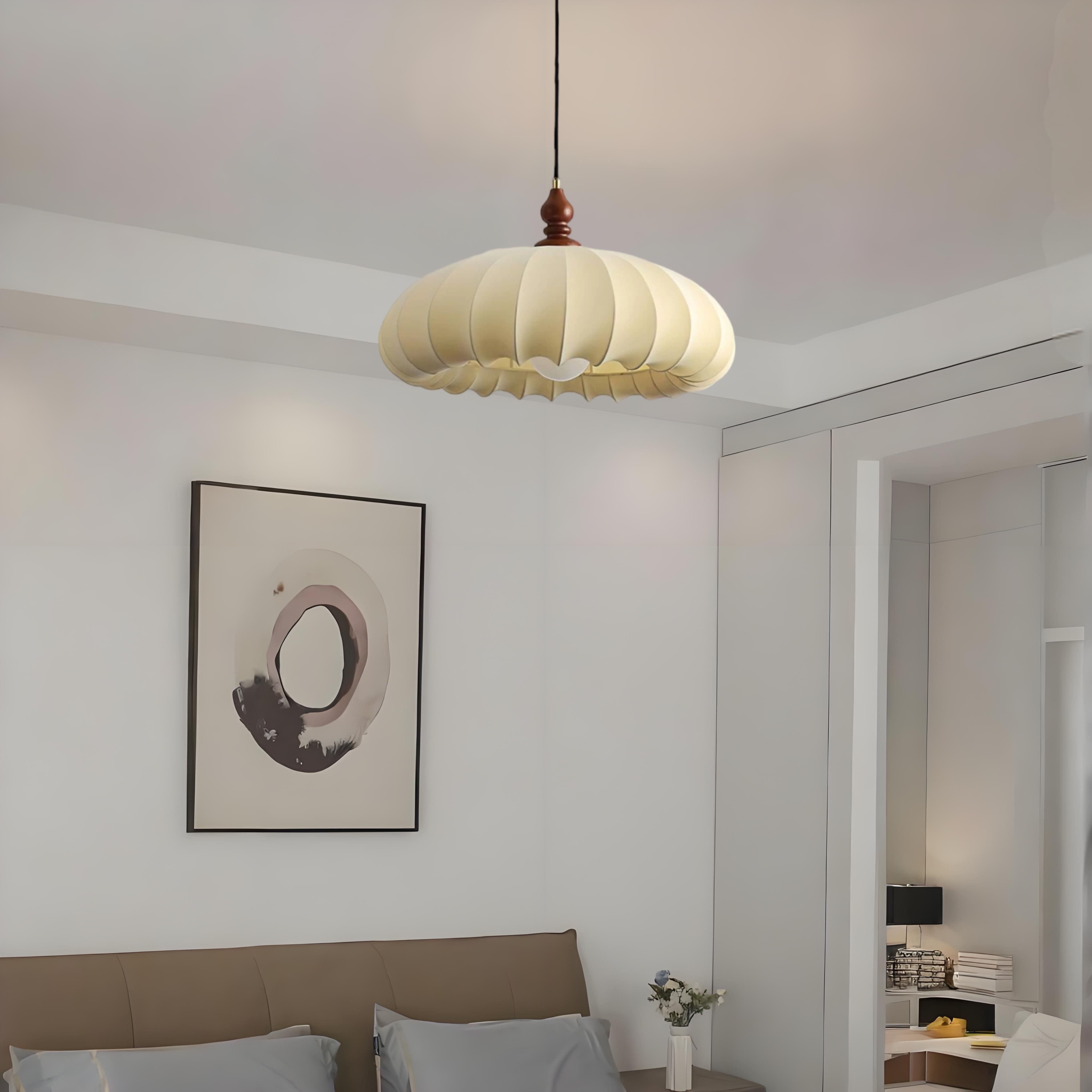 Close lifestyle view of the pendant lamp in a bedroom setting
