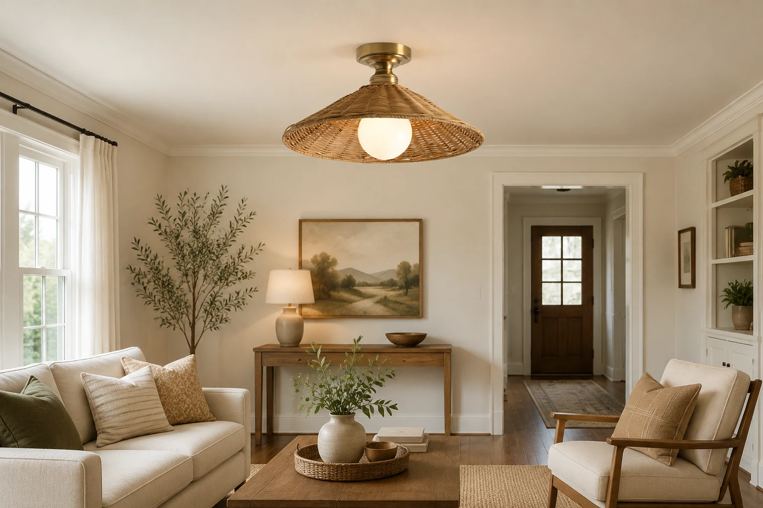 Breezy rattan flush mount light in a natural room scene