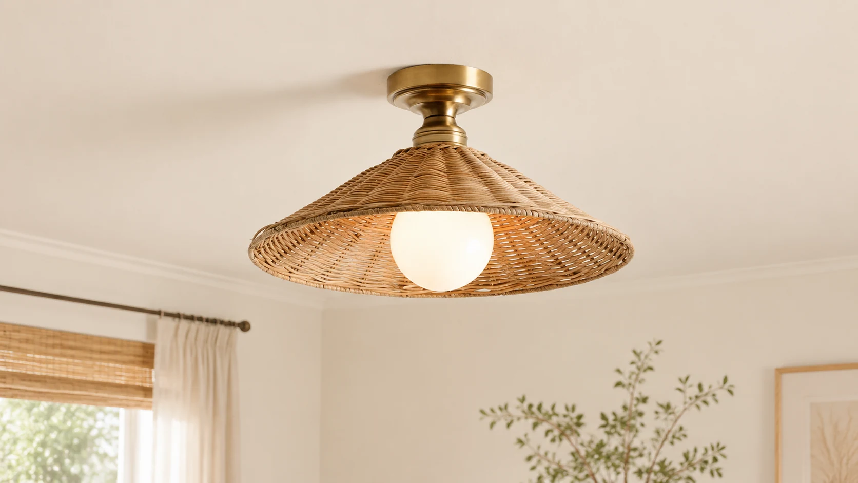 Breezy woven rattan flush mount light in a warm room setting