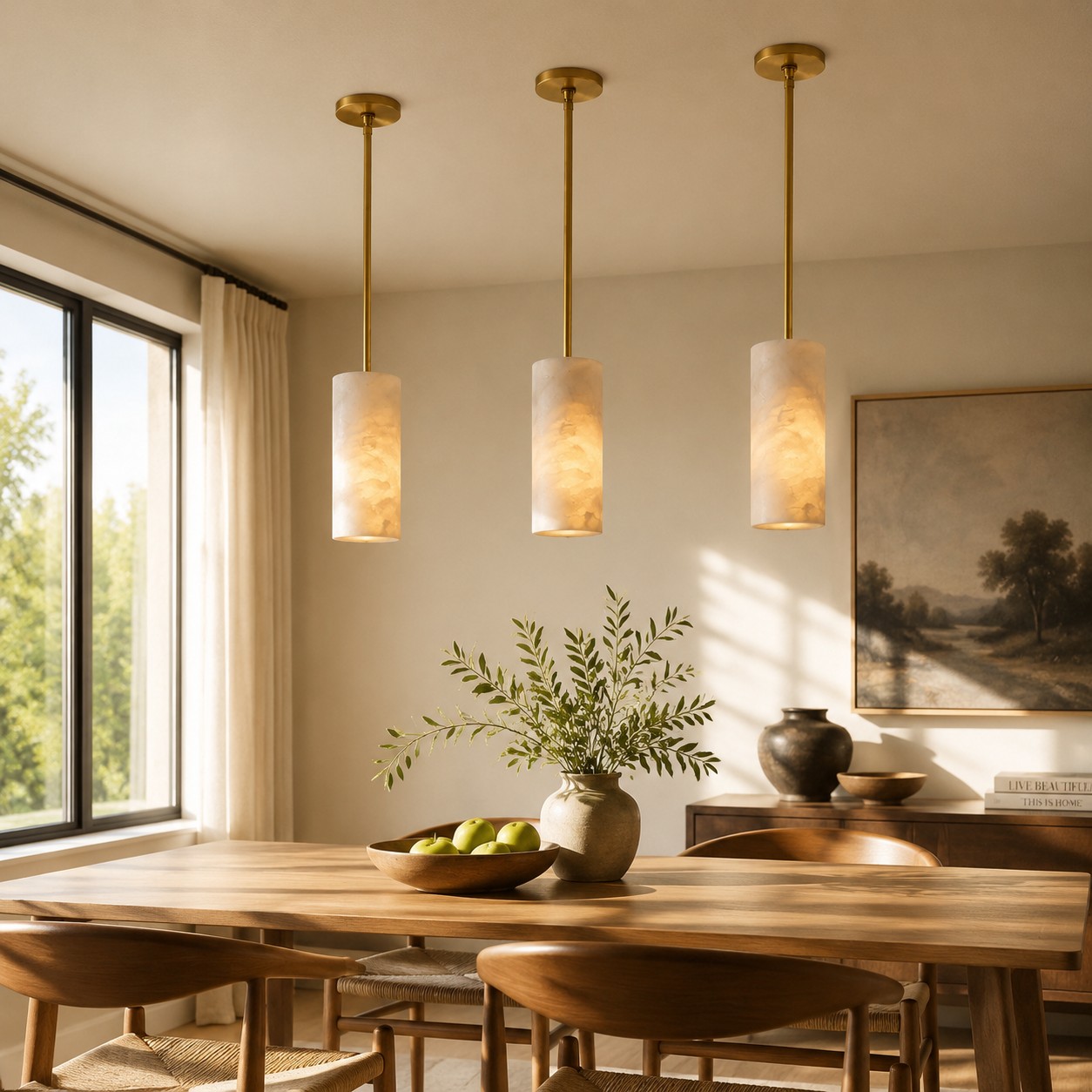 Alabaster cylinder pendant in a dining space
