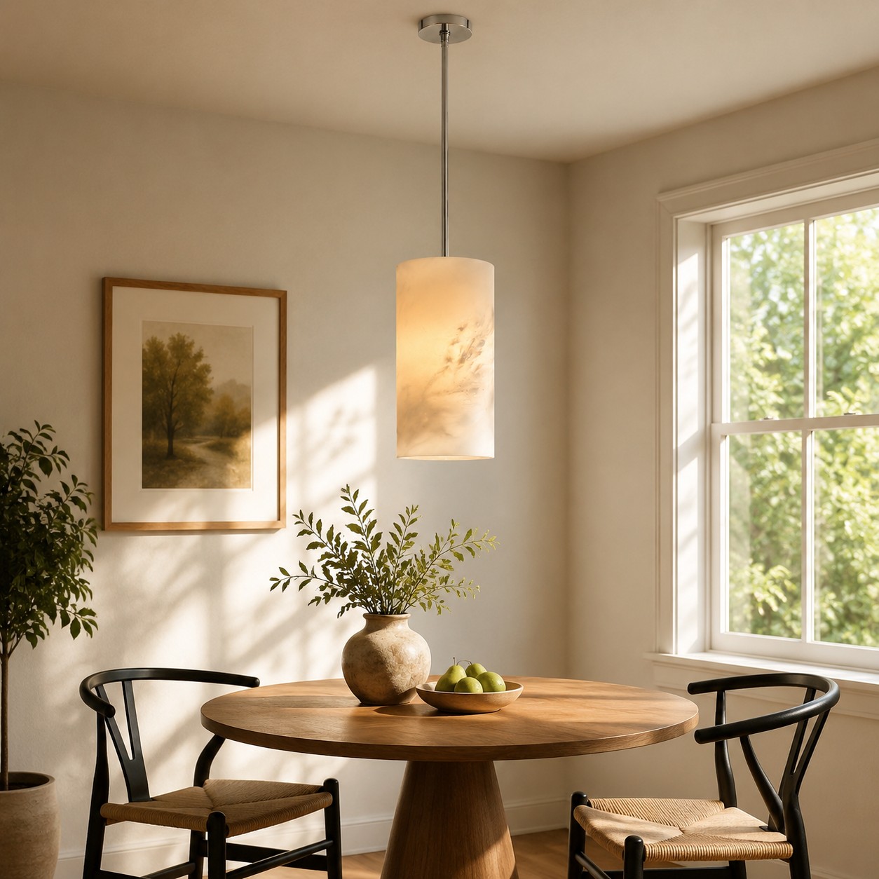 Alabaster cylinder pendant over a kitchen island