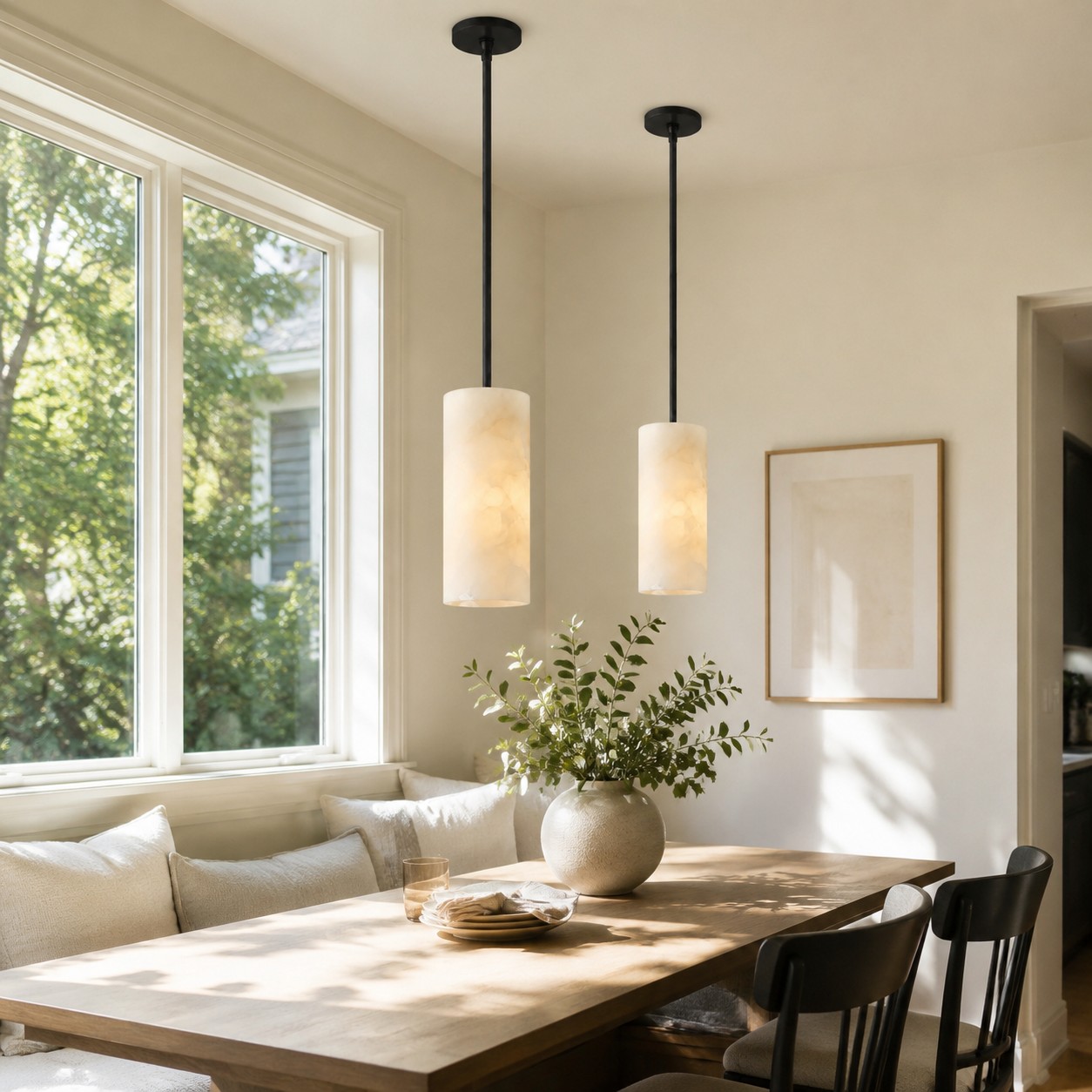 Alabaster cylinder pendant in a living room