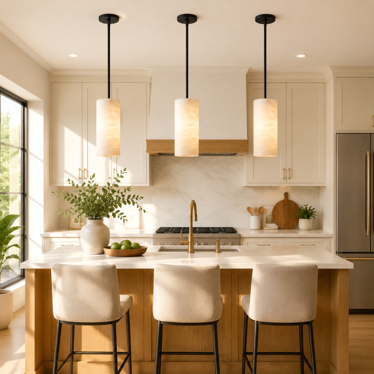 Alabaster cylinder pendant in a modern interior