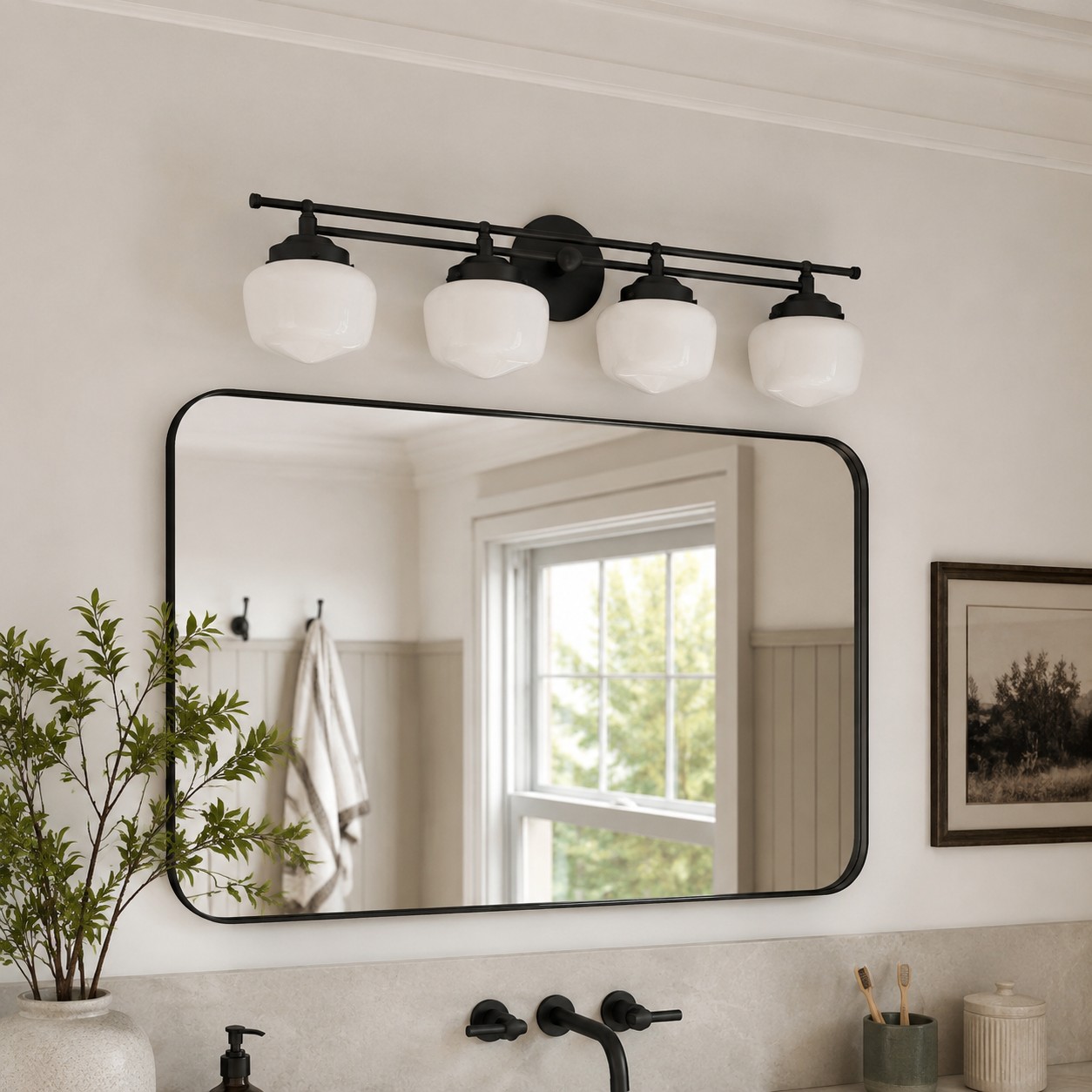 Black Opalume vanity light in bathroom setting