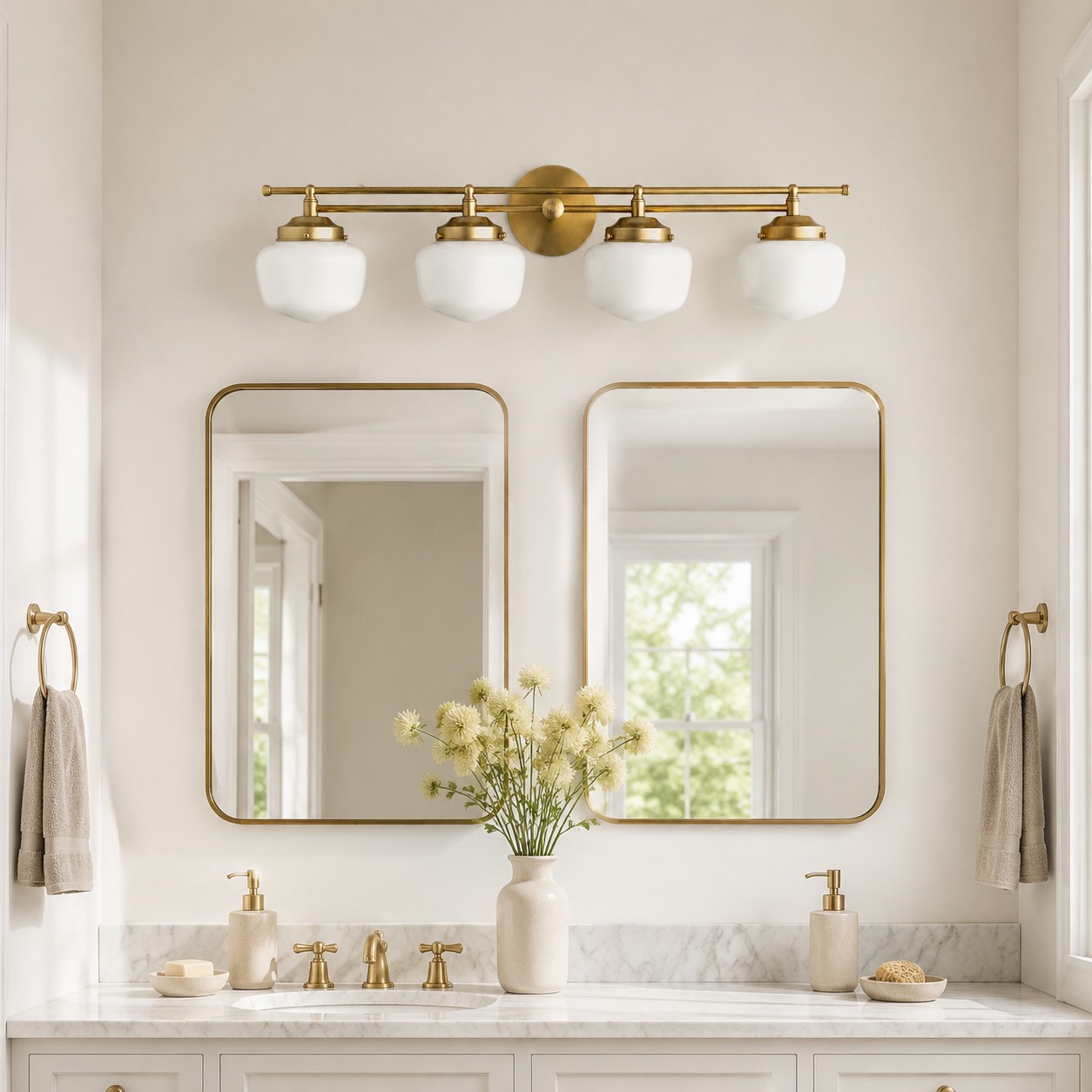 Opalume vanity light in brass finish above a bathroom mirror