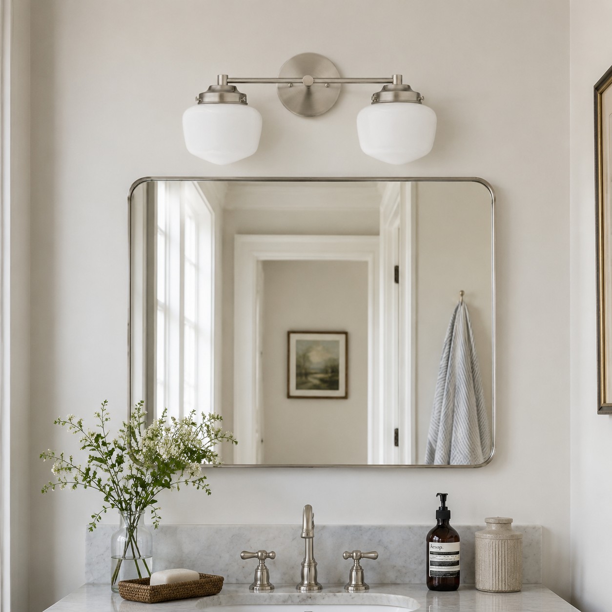 Two light Opalume vanity sconce above mirror