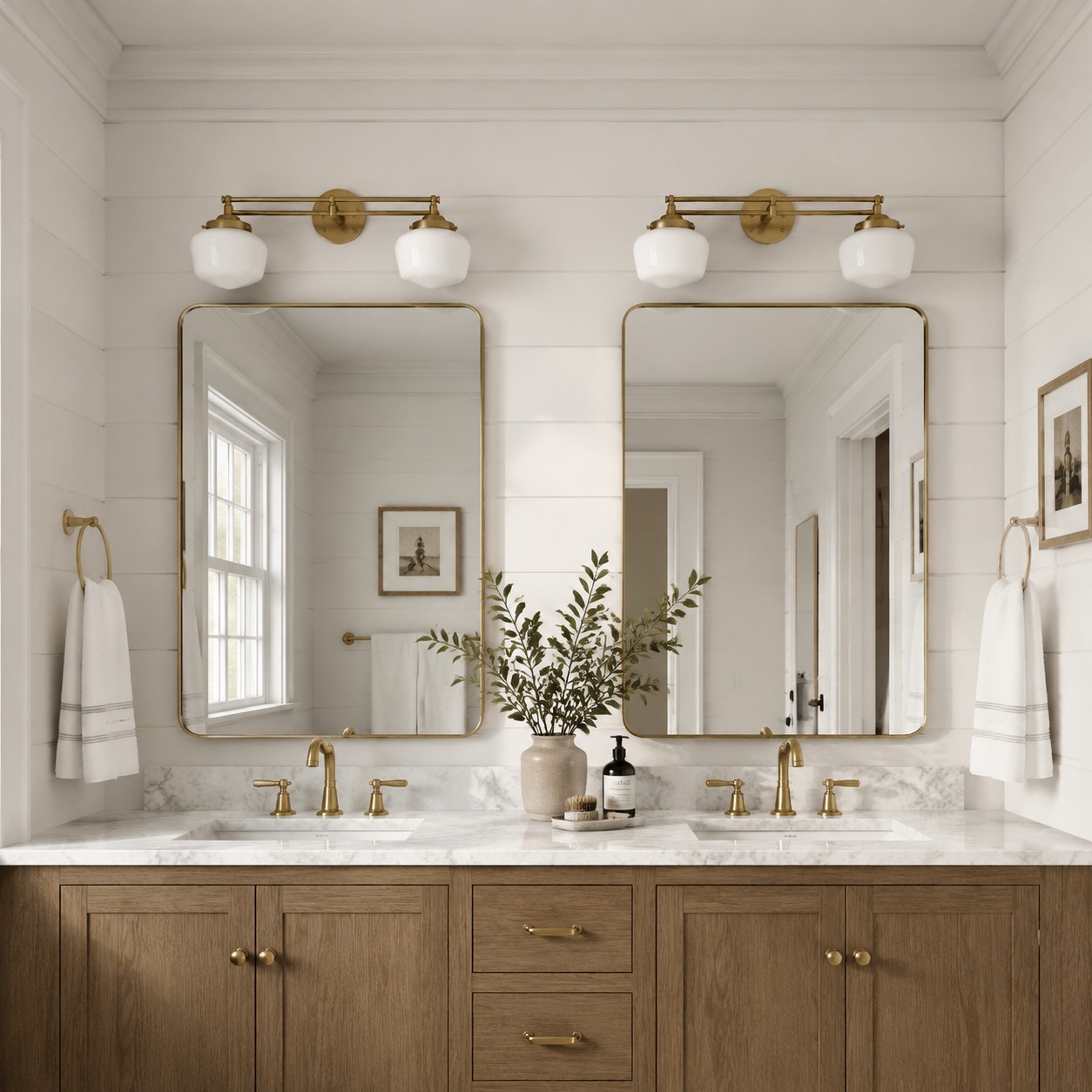 Opalume multi light fixture over double vanity