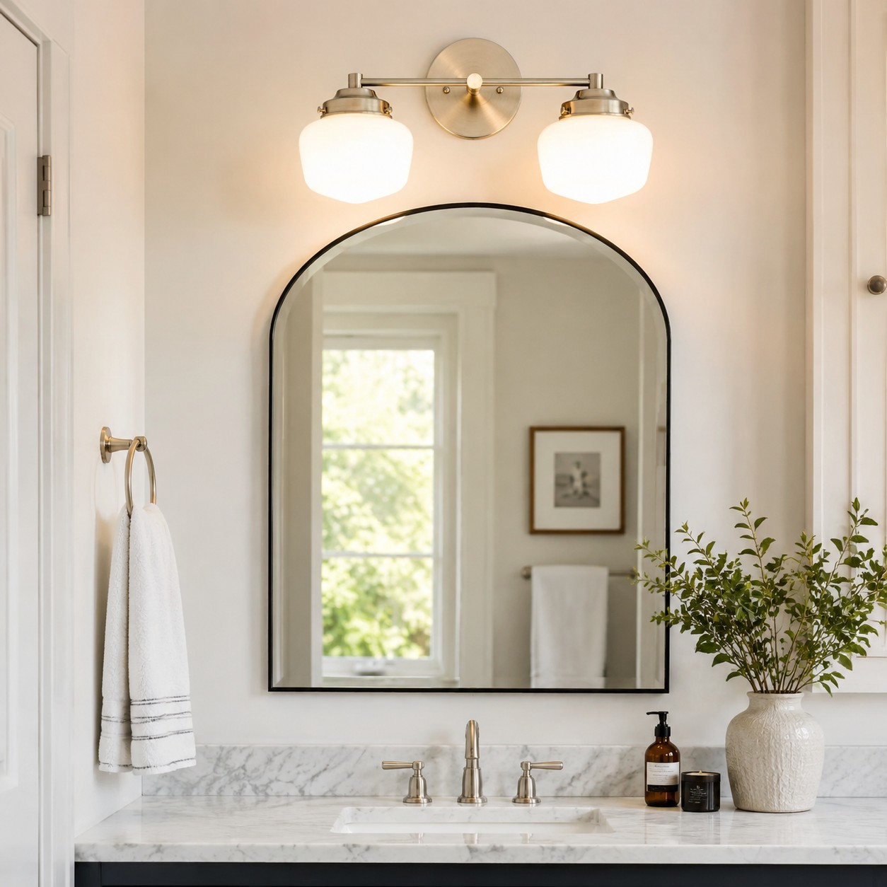 Lit Opalume milk glass wall sconce above arched mirror