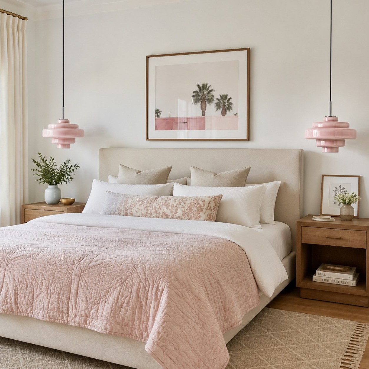 Pink Koloro pendant lights in bedroom
