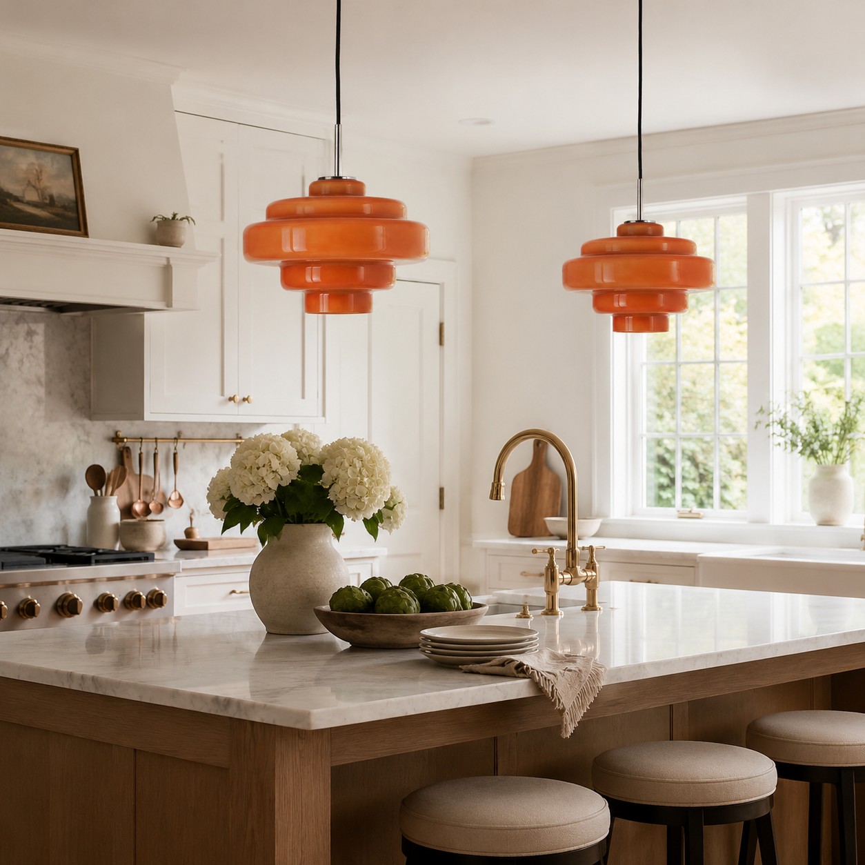 Orange Koloro pendant lights in kitchen