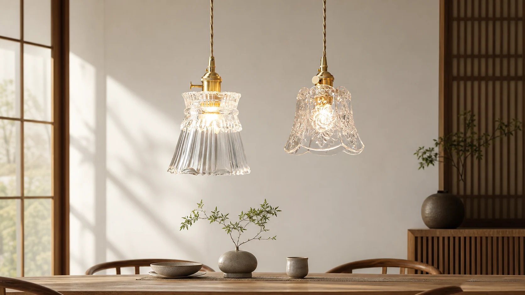 Japanese brass walnut glass pendant light in a dining room scene