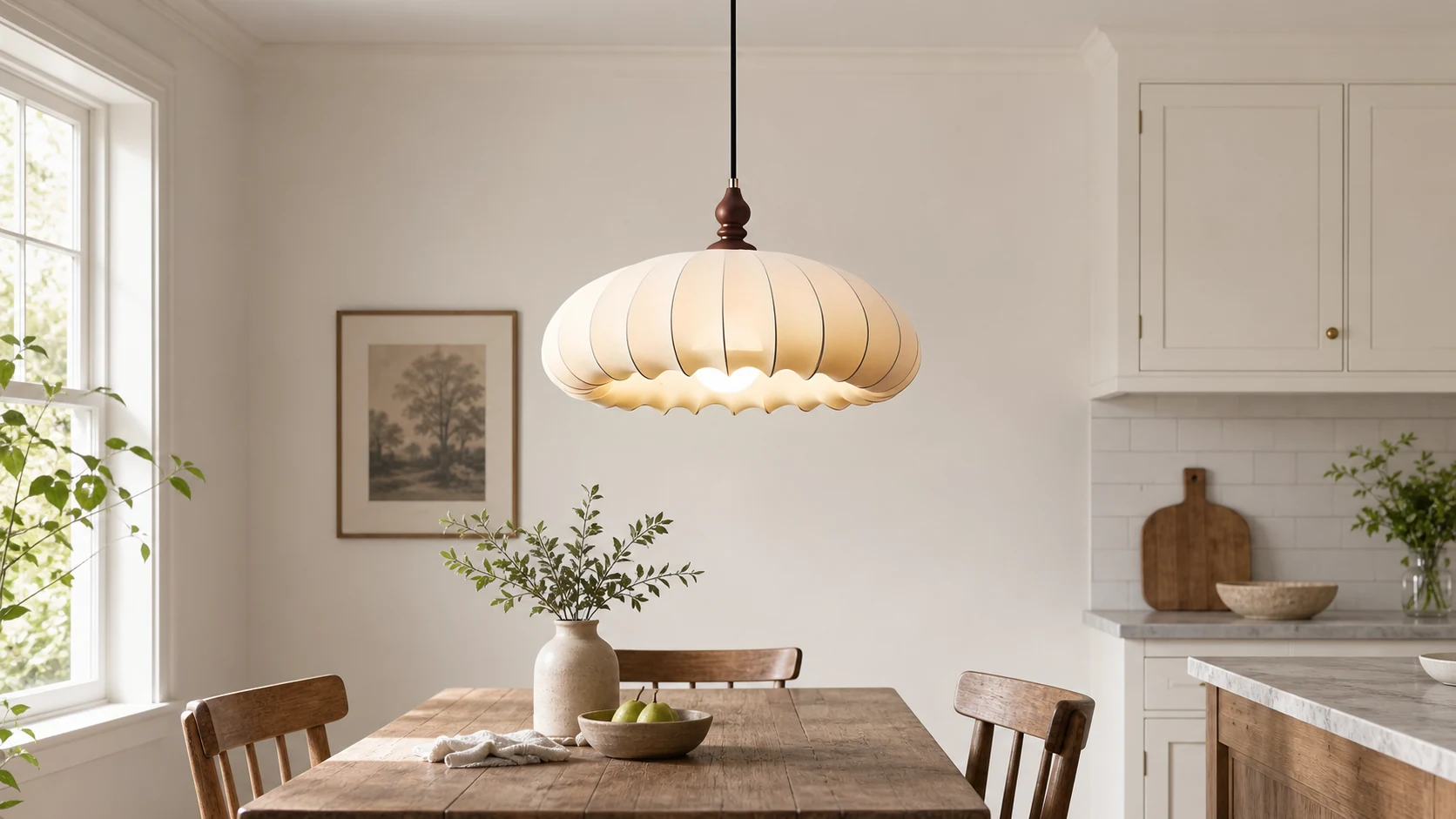 Wood accent pleated fabric pendant light installed in a warm dining room scene