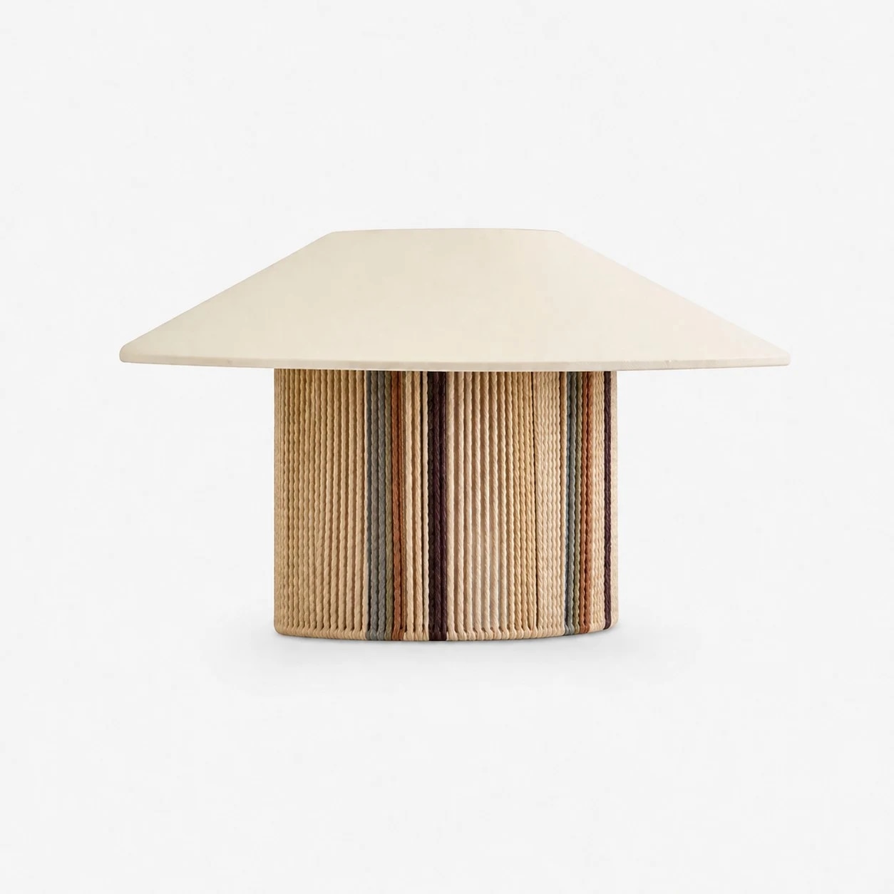 Full product view of beige woven wall sconce with pleated fabric shade