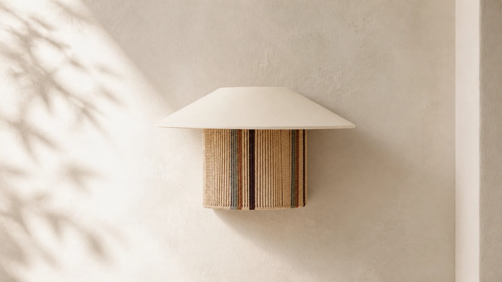 Wabi-Sabi woven wall sconce with pleated fabric shade in a warm interior setting