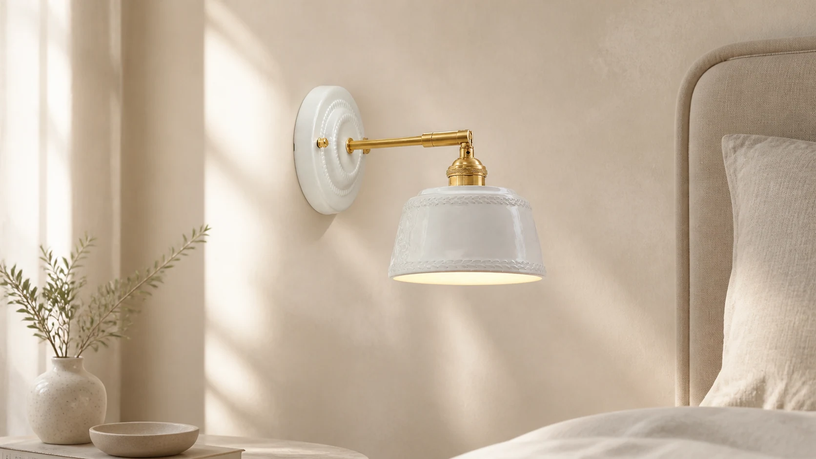 Minimalist ceramic bedside wall lamp installed on a warm wall
