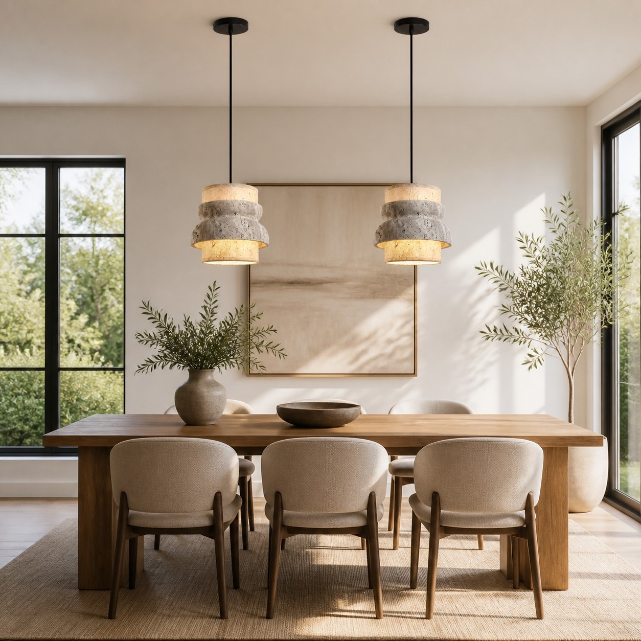 Style A gray travertine stone pendant in a dining room