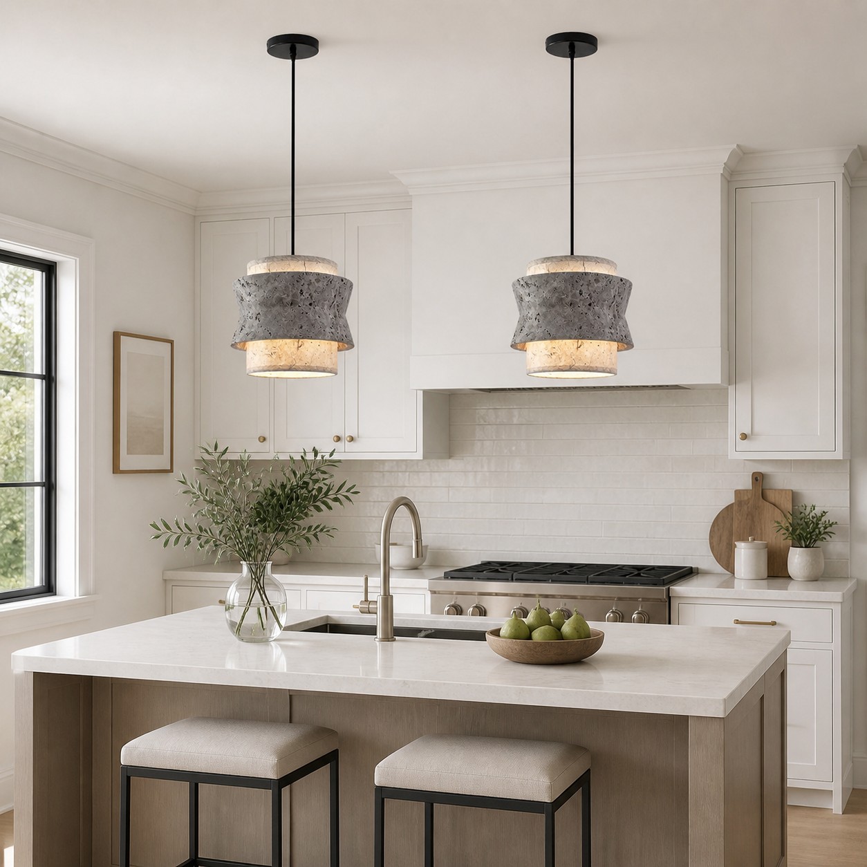 Style A gray travertine stone pendant in a dining room