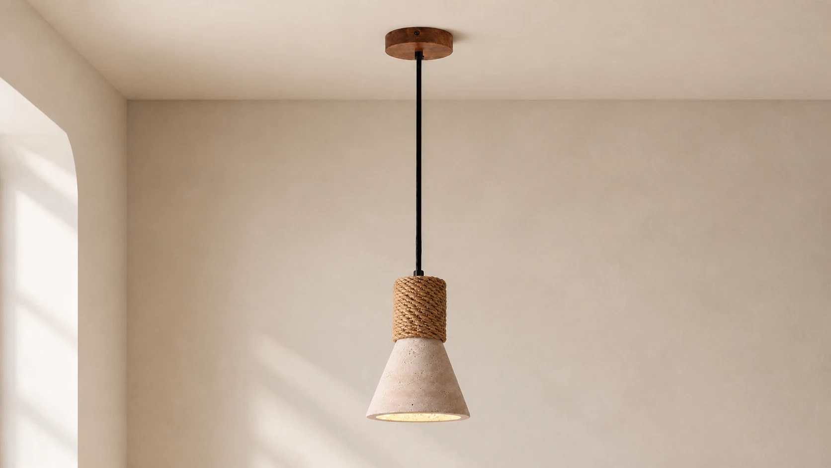 Wabi sabi travertine cone pendant light in a warm room scene