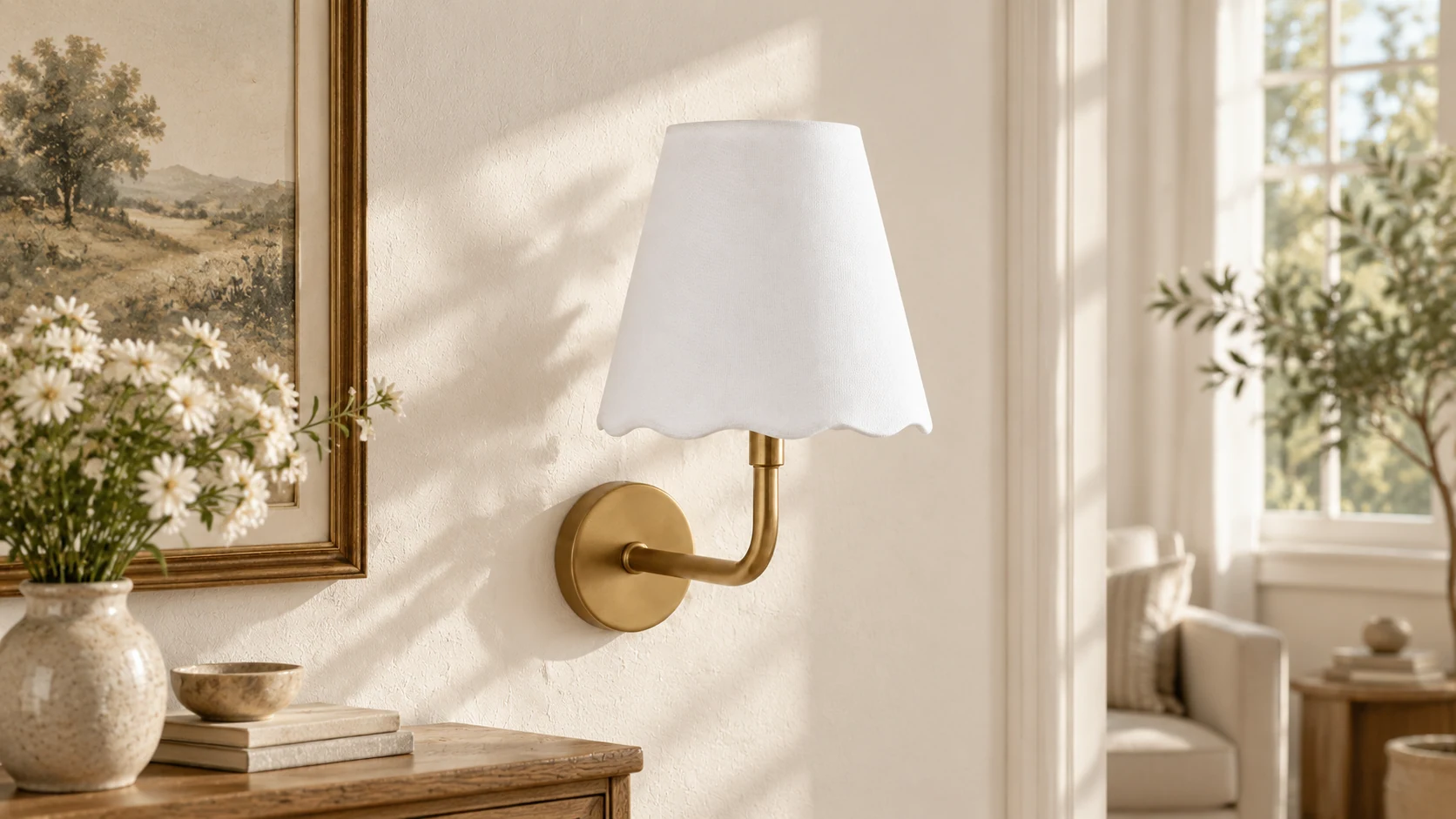 Rechargeable scalloped wall sconce with white linen shade and gold finish in a warm interior setting