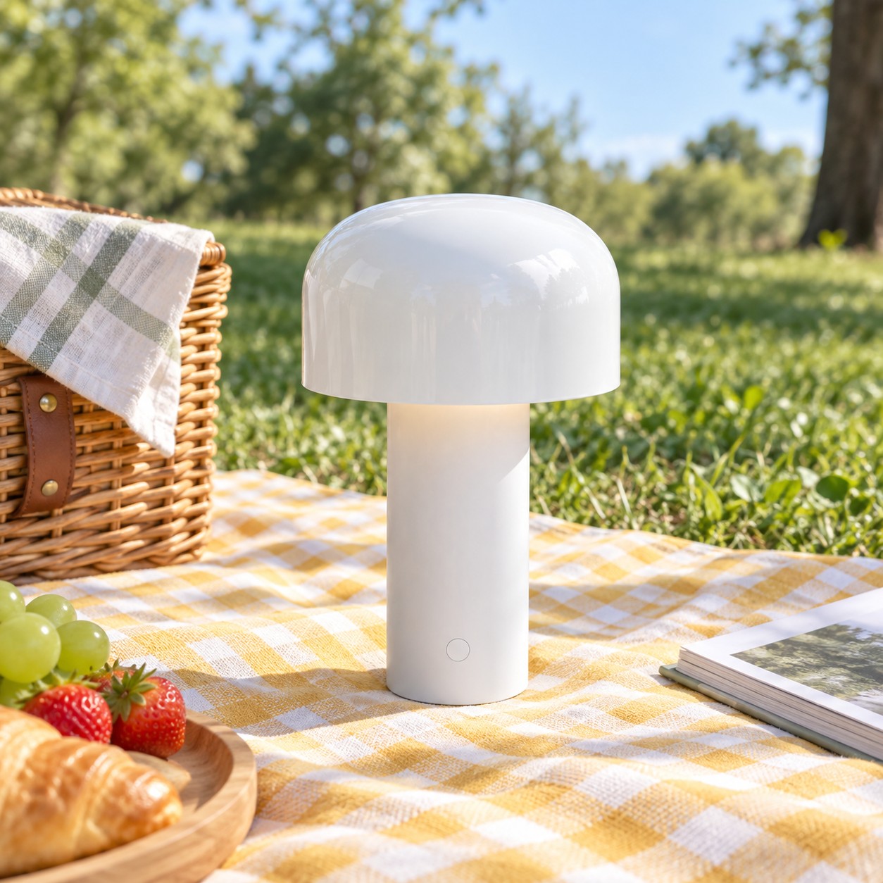 White rechargeable LED lamp used outdoors on a picnic blanket