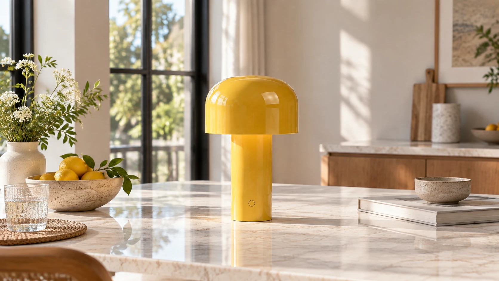 Portable rechargeable LED table lamp in a warm tabletop setting