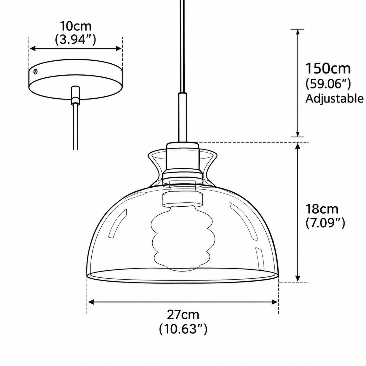 Dimension diagram for Quenora Model A pendant