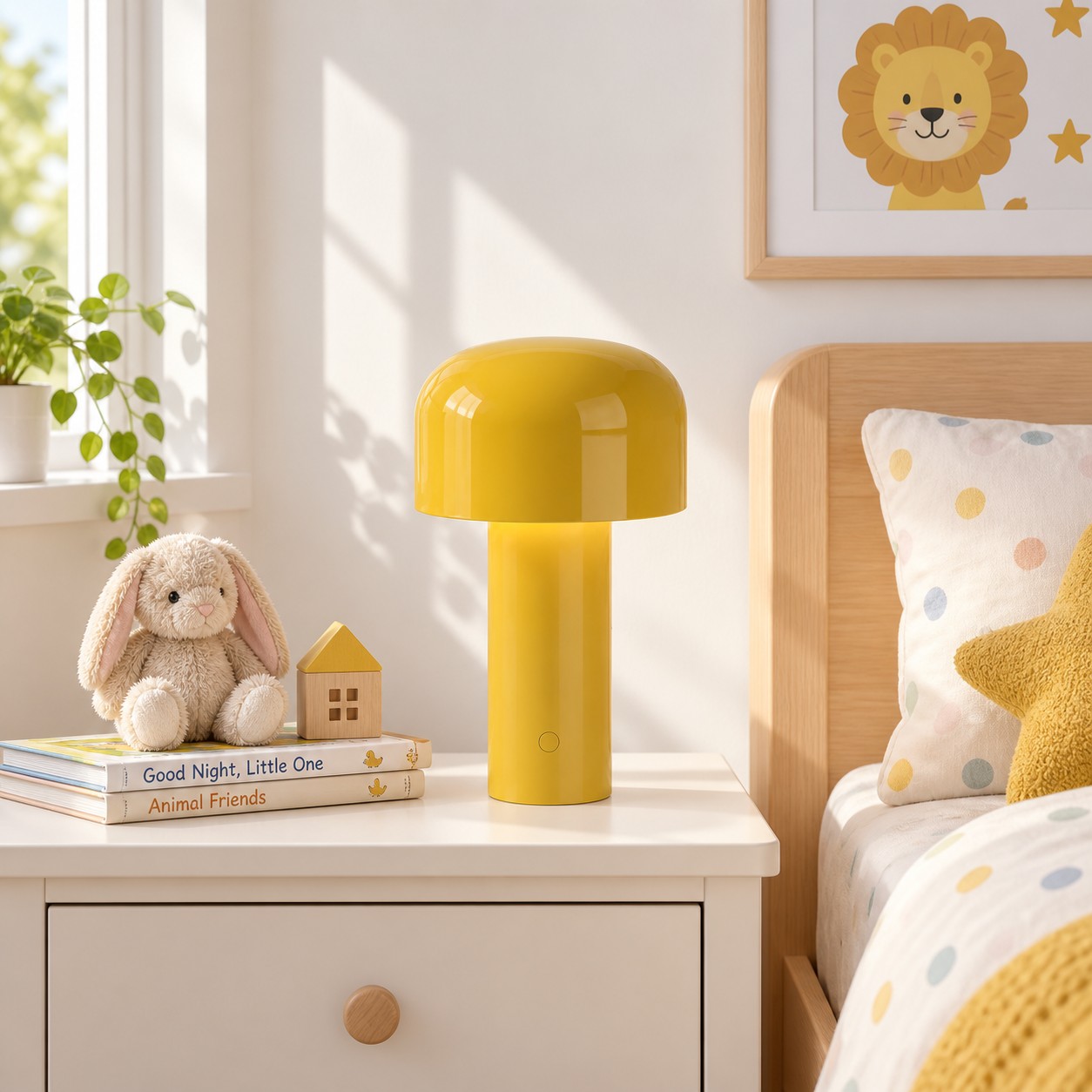 Yellow portable LED table lamp used beside a bed