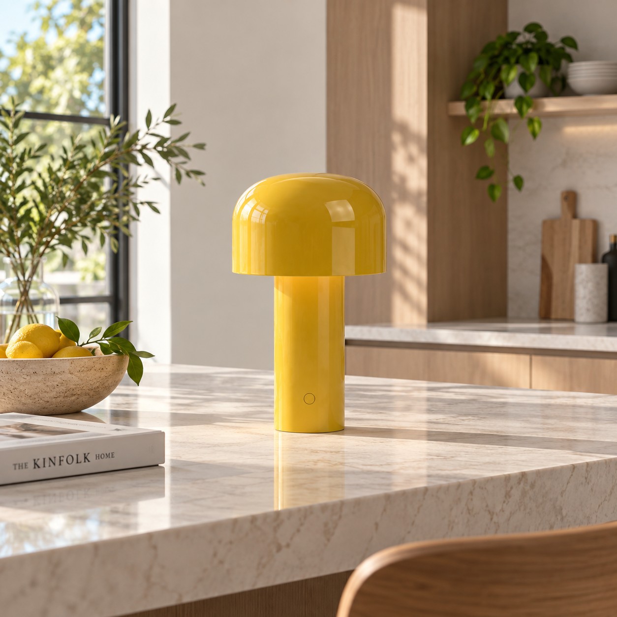 Yellow portable LED table lamp on a counter