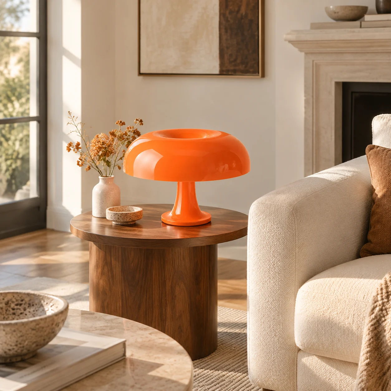 Orange mushroom table lamp in a warm contemporary living room