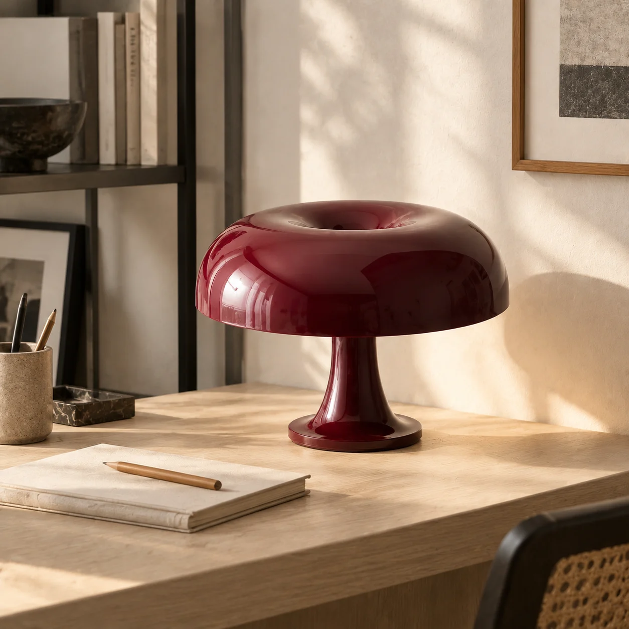 Ruby red mushroom table lamp on a pale wood desk in a home study