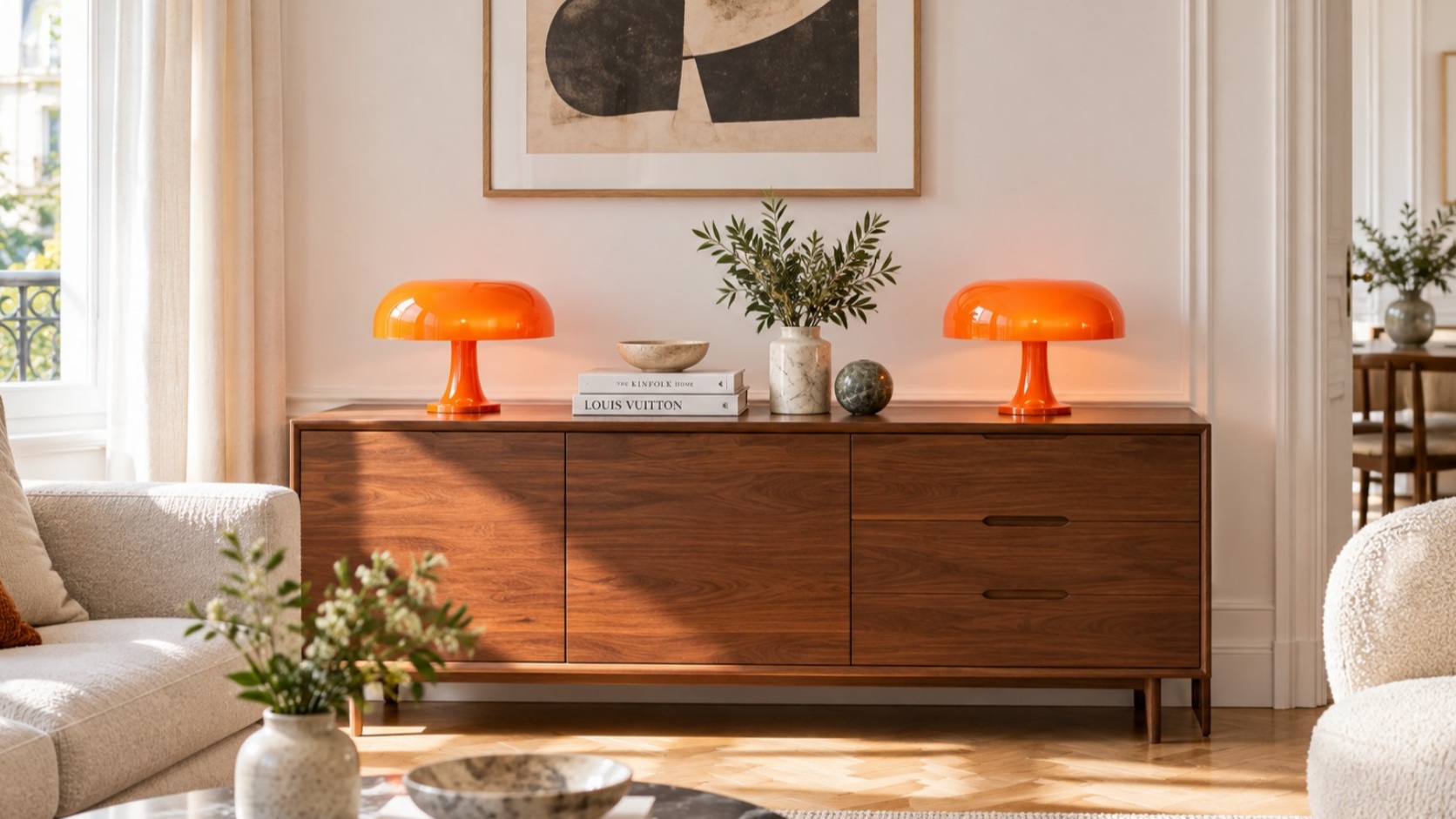 Two orange mushroom table lamps on a walnut sideboard in a bright living room