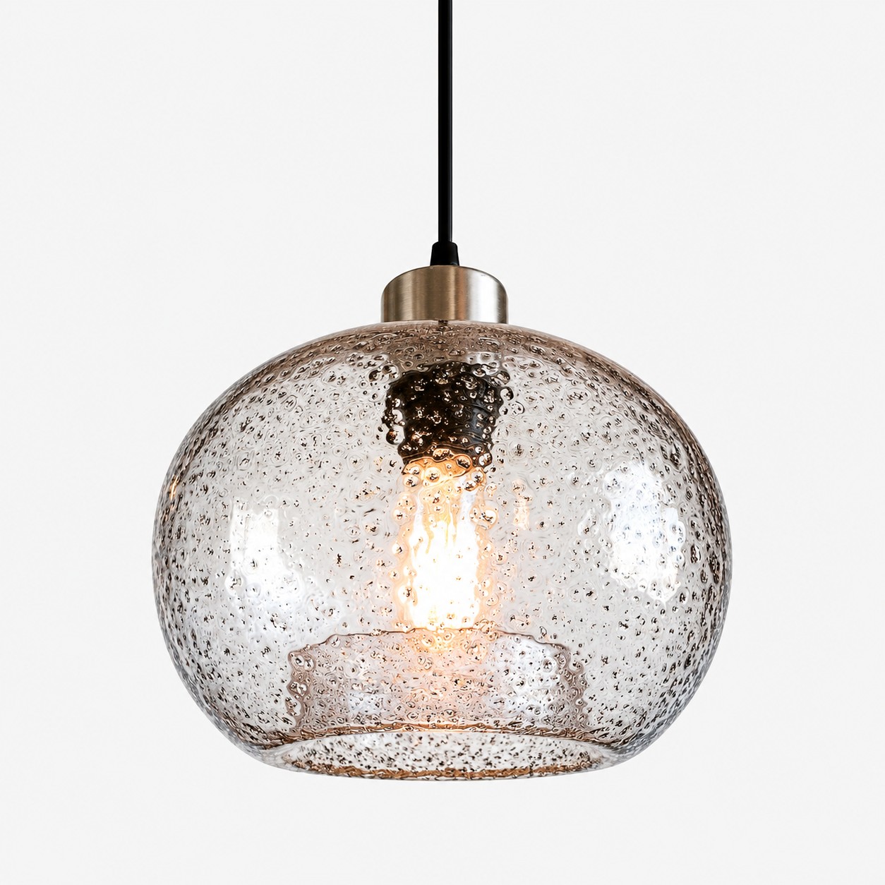 Open Bottom and Metal Finish Options: Textured Glass Globe Pendant Light — An understated perspe