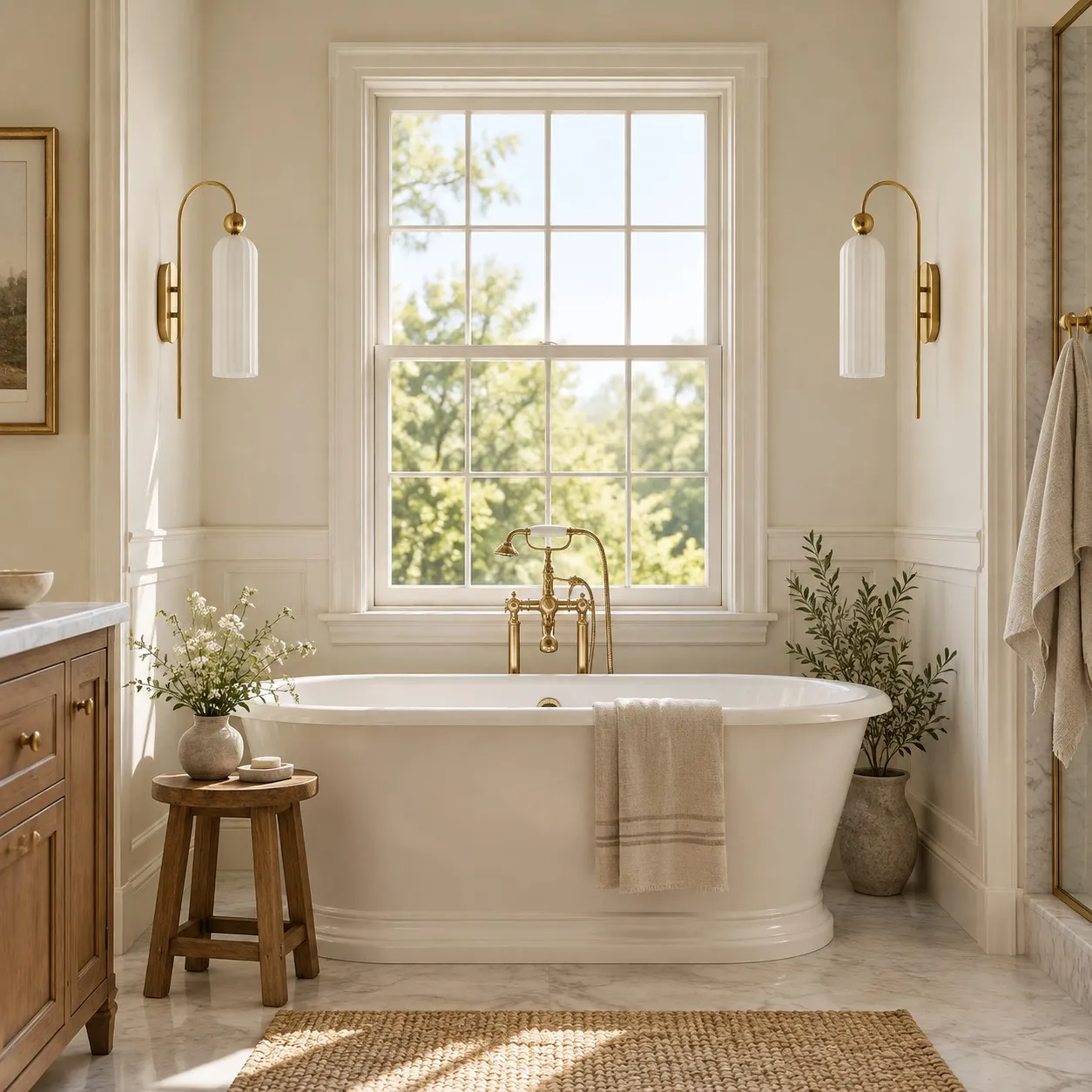 White glass Avenlo sconces shown in a bathroom styling concept