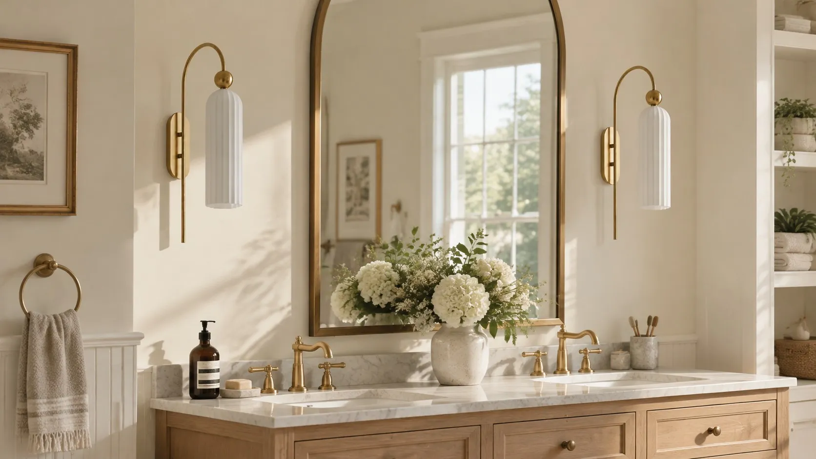 A pair of gold-tone Avenlo sconces with white fluted glass shades framing a vanity mirror