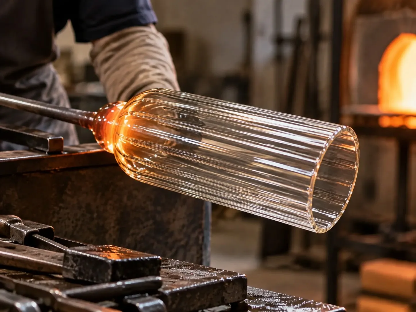 Fluted cylindrical glass being shaped while hot