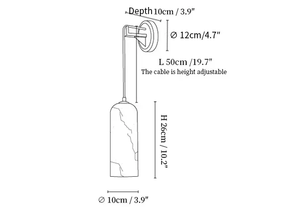 Monty plug-in alabaster wall sconce dimension diagram in inches and centimeters